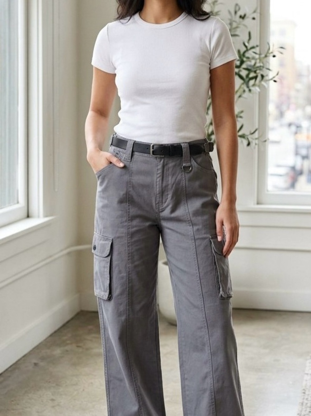 SO Gray Wide-Leg Cargo Pants with Belt
